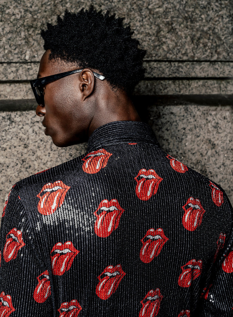 Phix X Rolling Stones Black Sequin Embellished Tongue Velvet Shirt