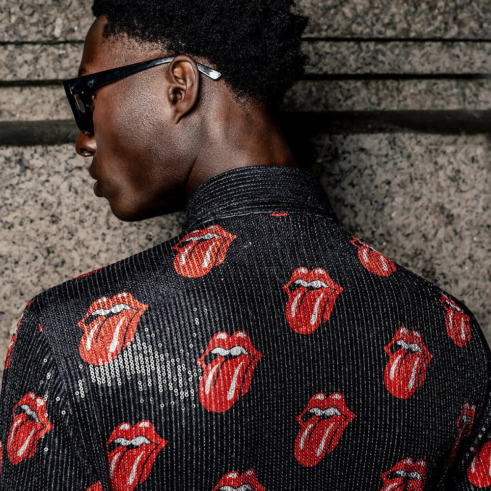 Phix X Rolling Stones Black Sequin Embellished Tongue Velvet Shirt & Phix
