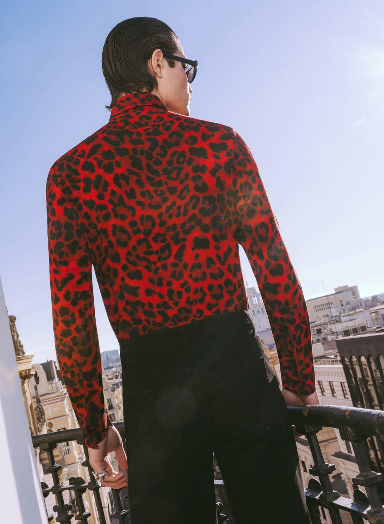 Red Leopard Point Collar Viscose Shirt