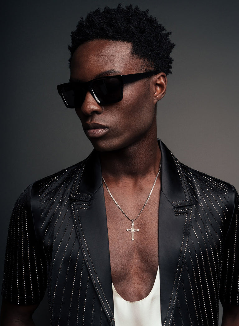 Black Satin Symmetric Short Sleeve Sequin Shirt