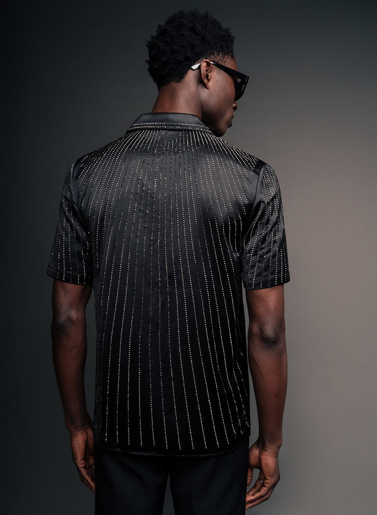 Black Satin Symmetric Short Sleeve Sequin Shirt