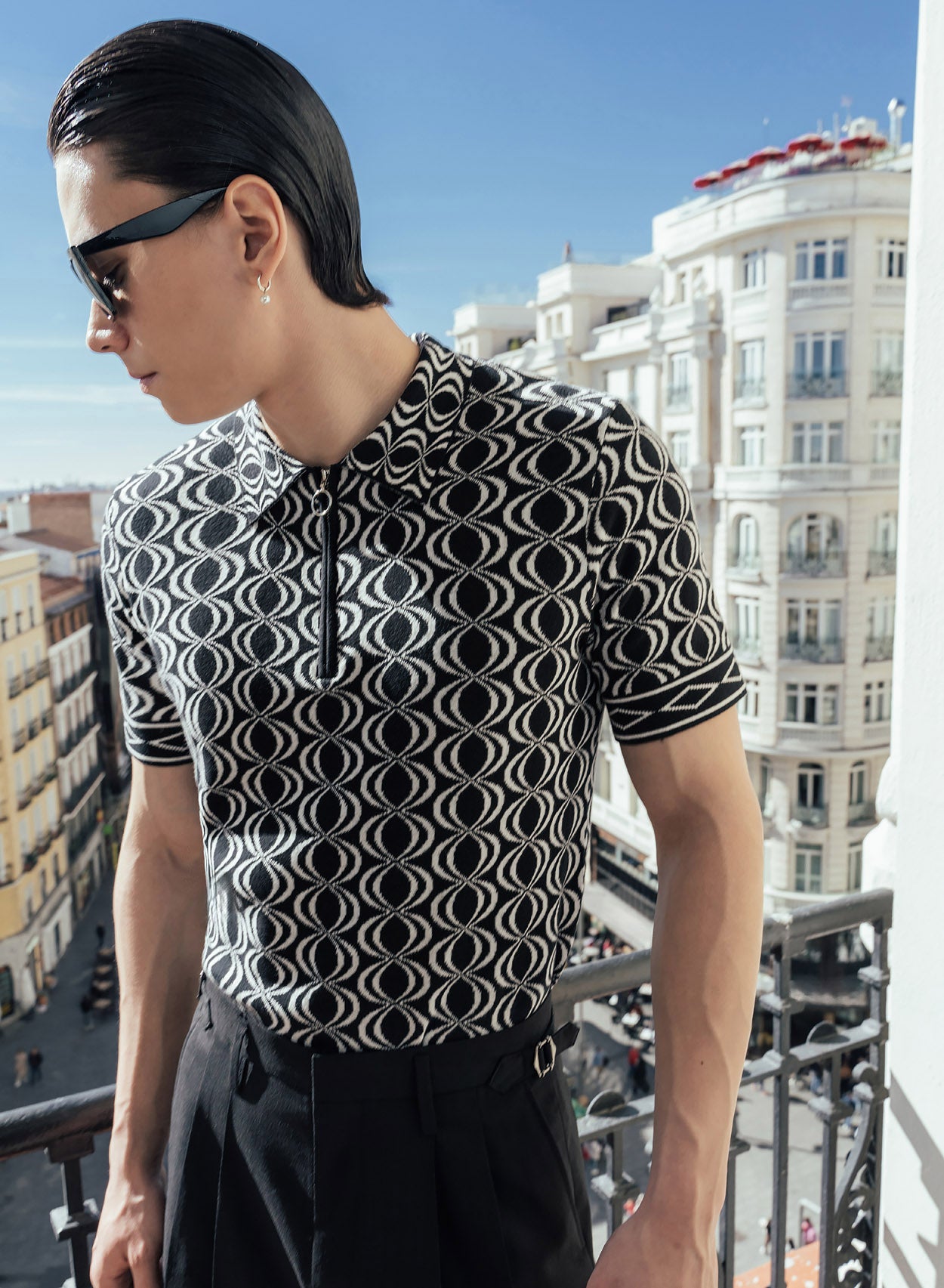 Black Geometric 70 s O Ring Zip Knit Polo Phix