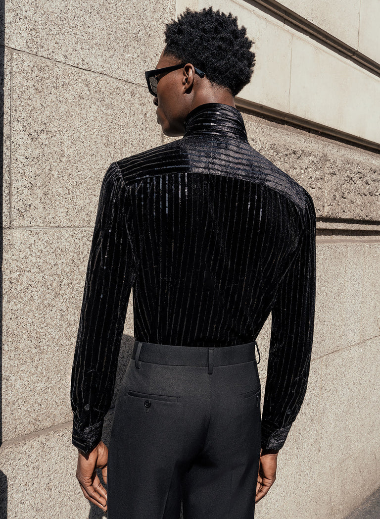 Black Sequin Velvet Scarf Neck Shirt