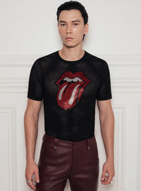 Phix X Rolling Stones Black Rhinestone Tongue Top