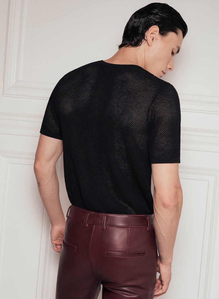 Burgundy Leather Pin Belt Flared Trousers