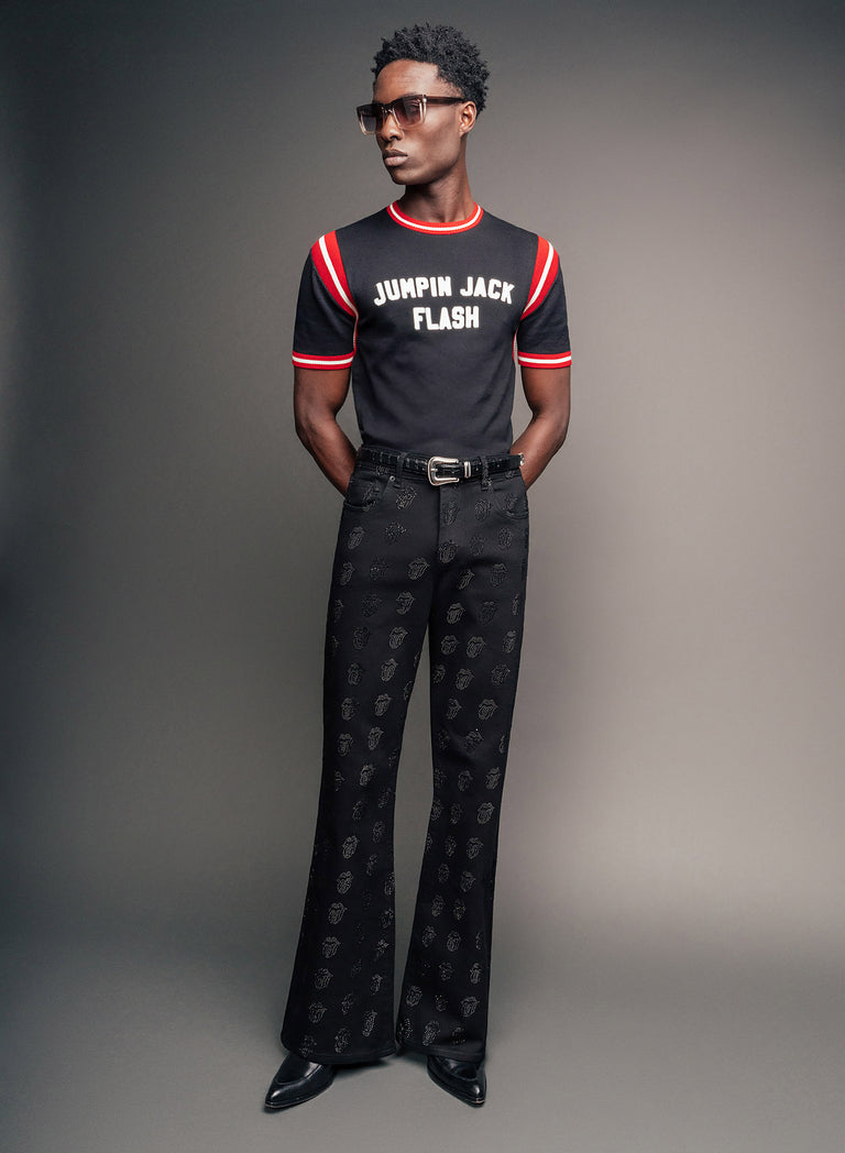 Phix X Rolling Stones Denim Rhinestone Tongue Denim Flares