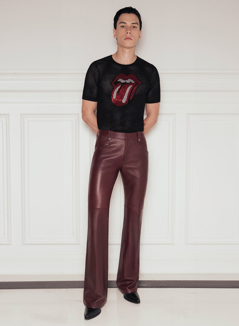 Burgundy Leather Pin Belt Flared Trousers
