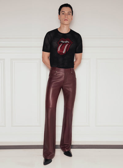 Burgundy Leather Pin Belt Flared Trousers