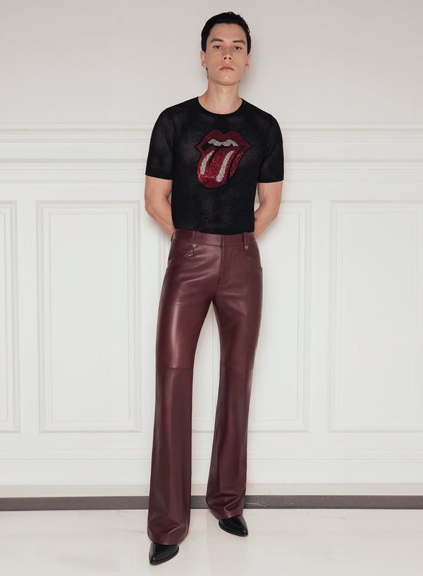 Burgundy Leather Pin Belt Flared Trousers