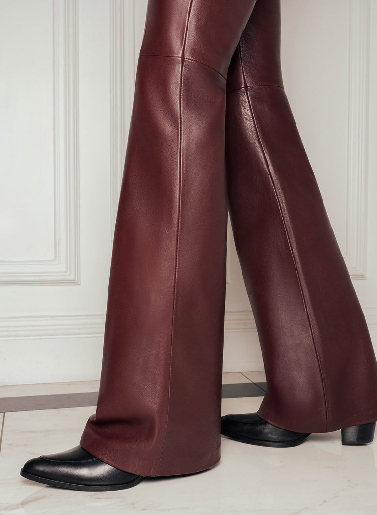 Burgundy Leather Pin Belt Flared Trousers