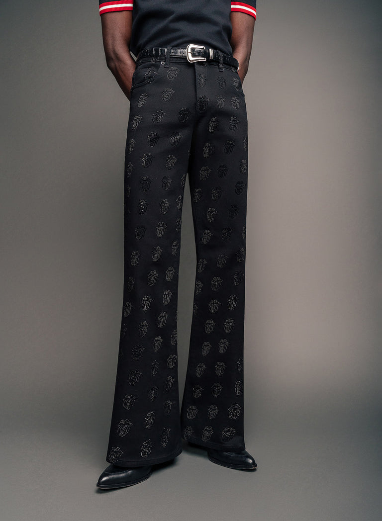 Phix X Rolling Stones Denim Rhinestone Tongue Denim Flares