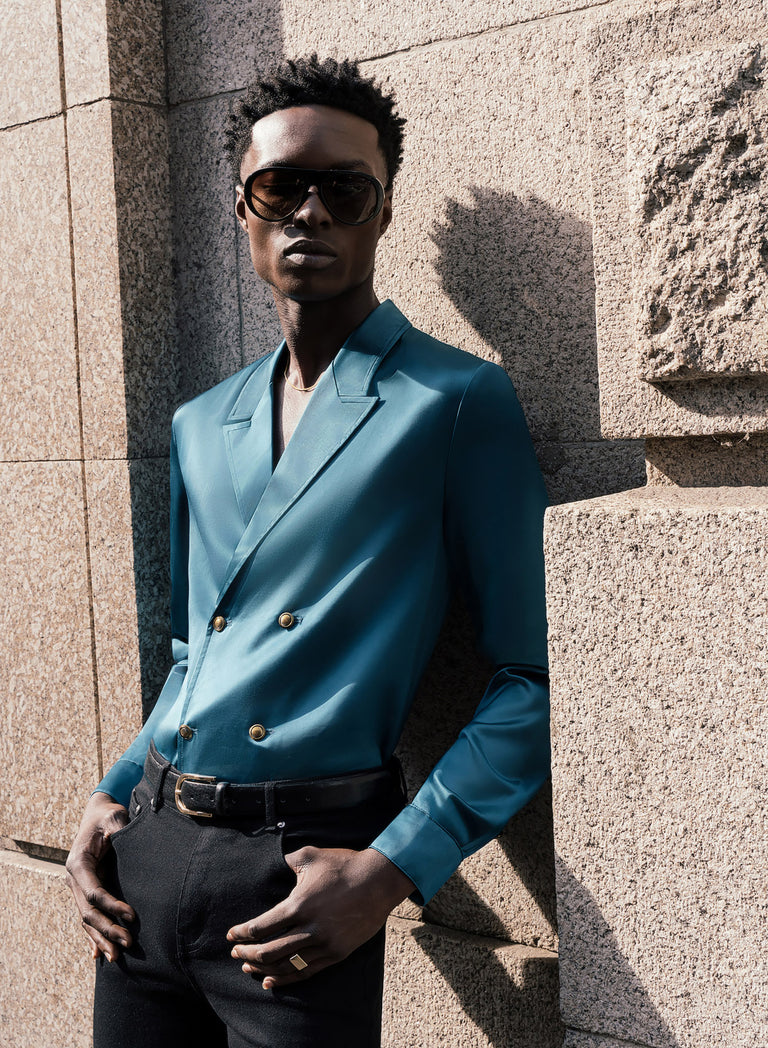 Teal Blue Double Breasted Brass Button Satin Shirt