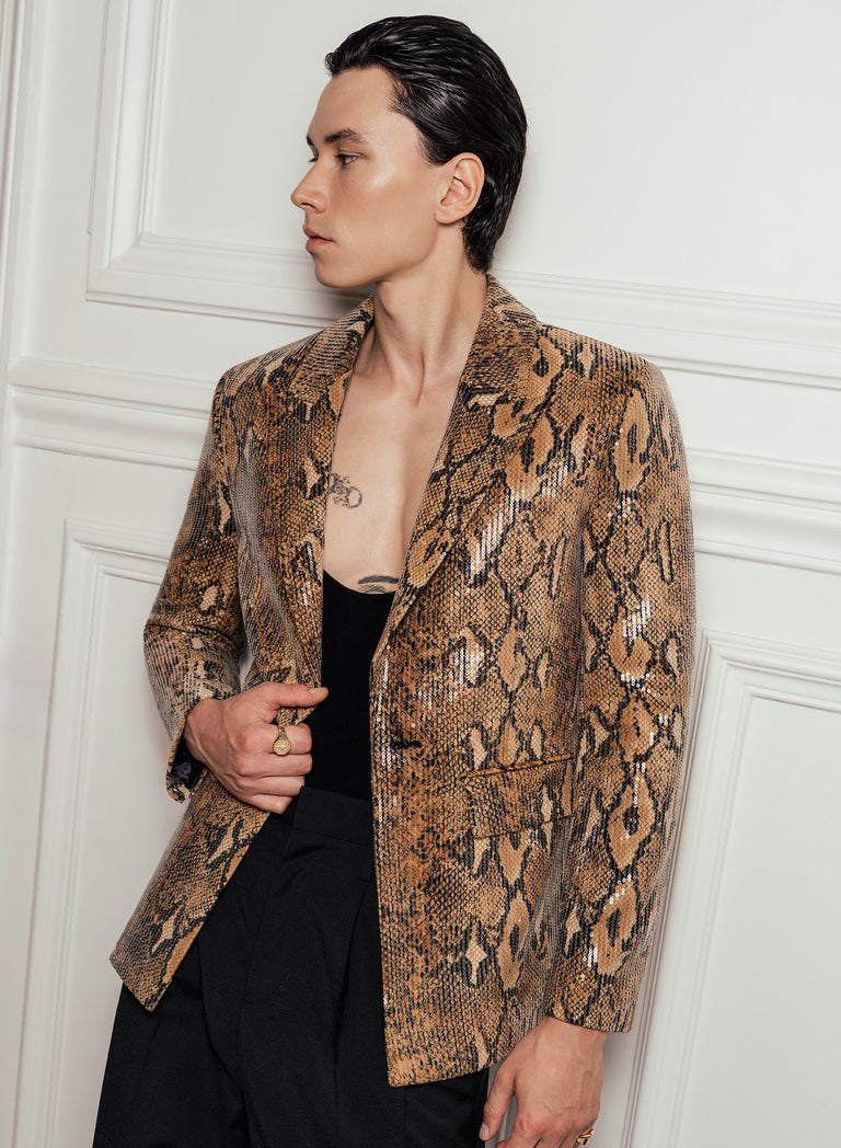 Brown Snake Effect Sequin Blazer