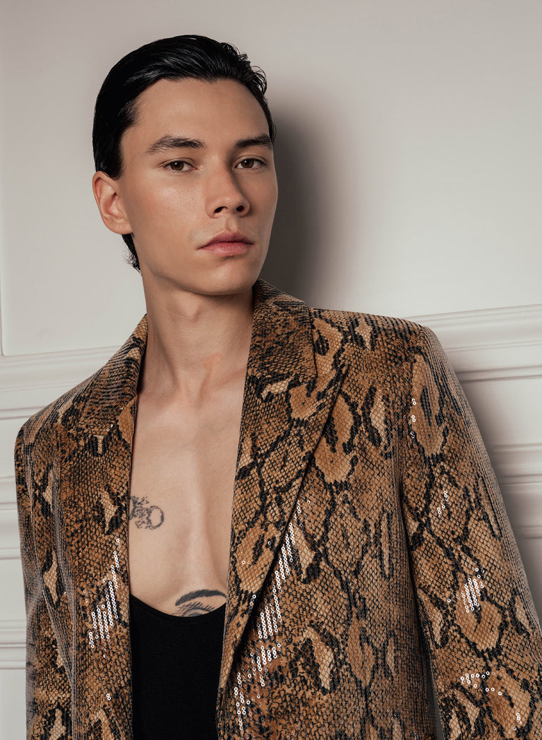 Brown Snake Effect Sequin Blazer