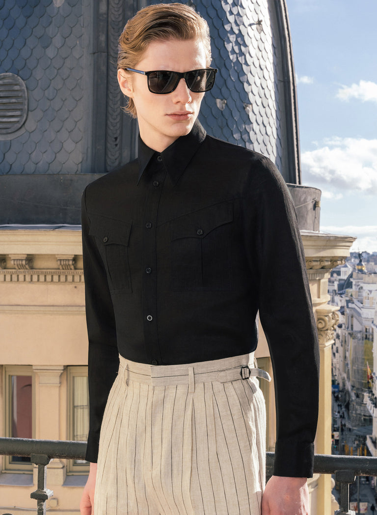 Black Pure Linen Western Pocket Shirt