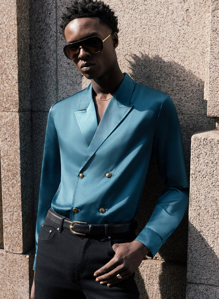 Teal Blue Double Breasted Brass Button Satin Shirt