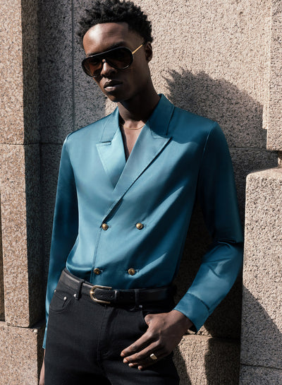 Teal Blue Double Breasted Brass Button Satin Shirt