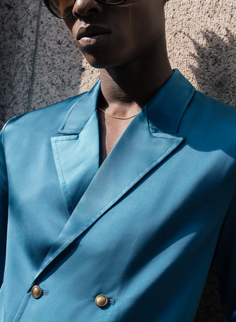 Teal Blue Double Breasted Brass Button Satin Shirt