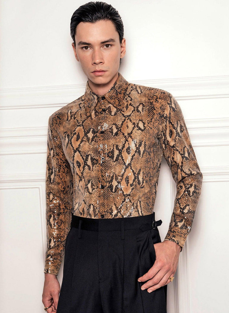 Brown Snake Effect Sequin Shirt