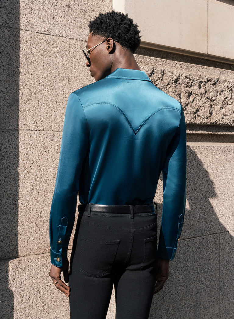 Teal Blue Double Breasted Brass Button Satin Shirt