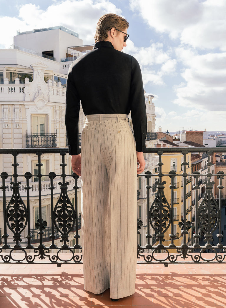 Ivory Linen Black Pinstripe Side Buckle Wide Leg Trousers