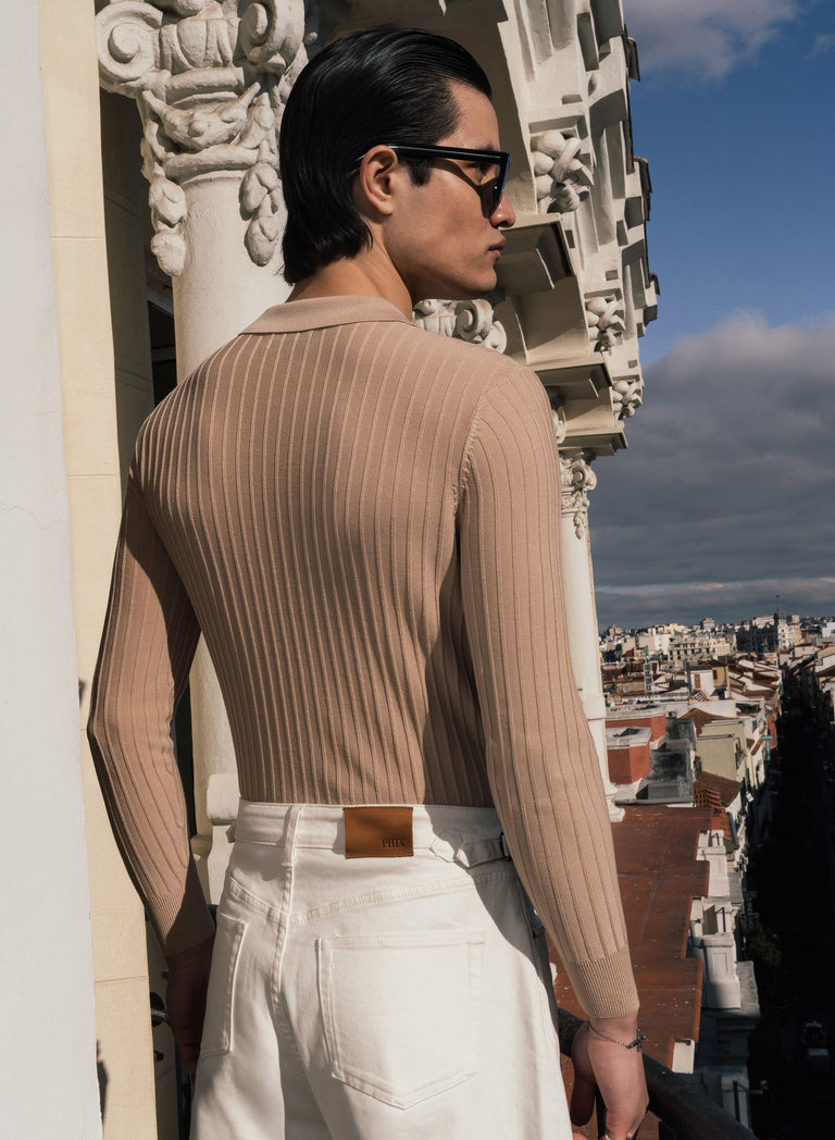 Riviera Silk Blend Tan Ribbed Zip Polo