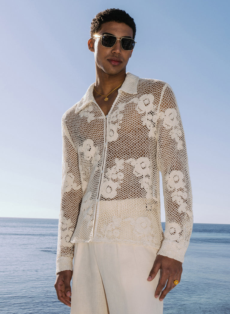 Off-white Long Sleeve Floral Sequin Crochet Shirt