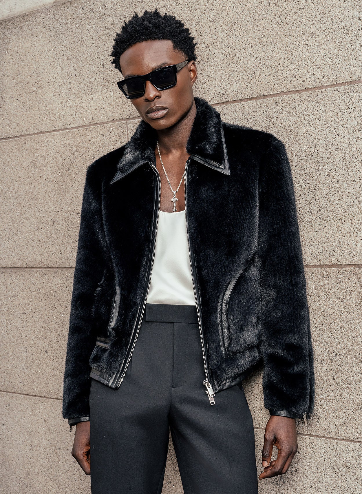 Black Leather Faux Fur Coat Black Mens Black Faux Fur Leather Trim