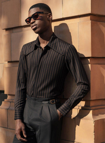 Black Pinstripe Dagger Collar Shirt