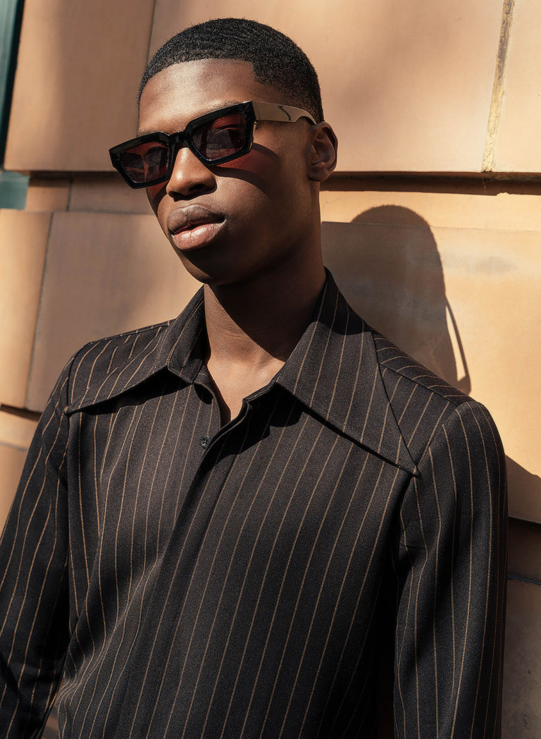 Black Pinstripe Dagger Collar Shirt