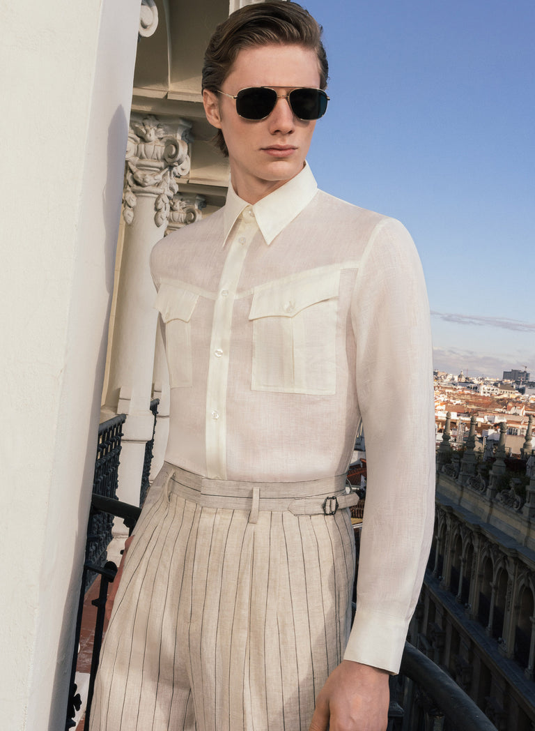 White Pure Linen Western Pocket Shirt