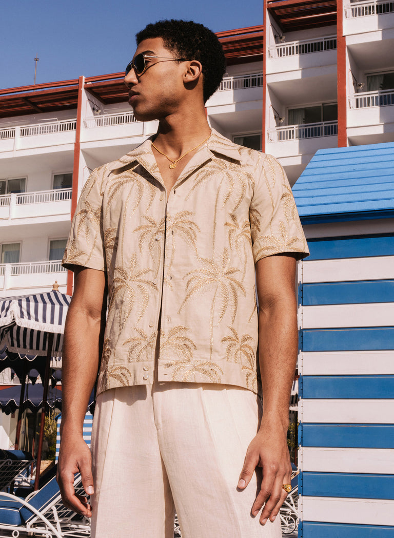 Ivory Palm Embroidery Cuban Linen Shirt
