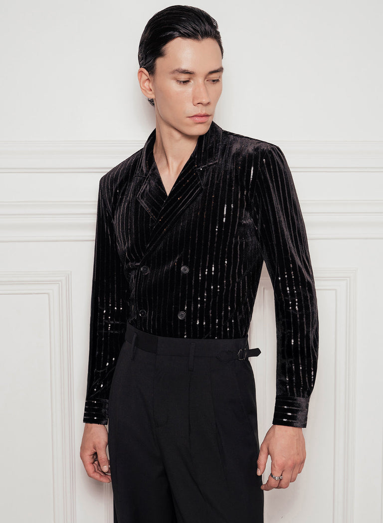 Black Velvet Sequin Pinstripe Double Breasted Shirt