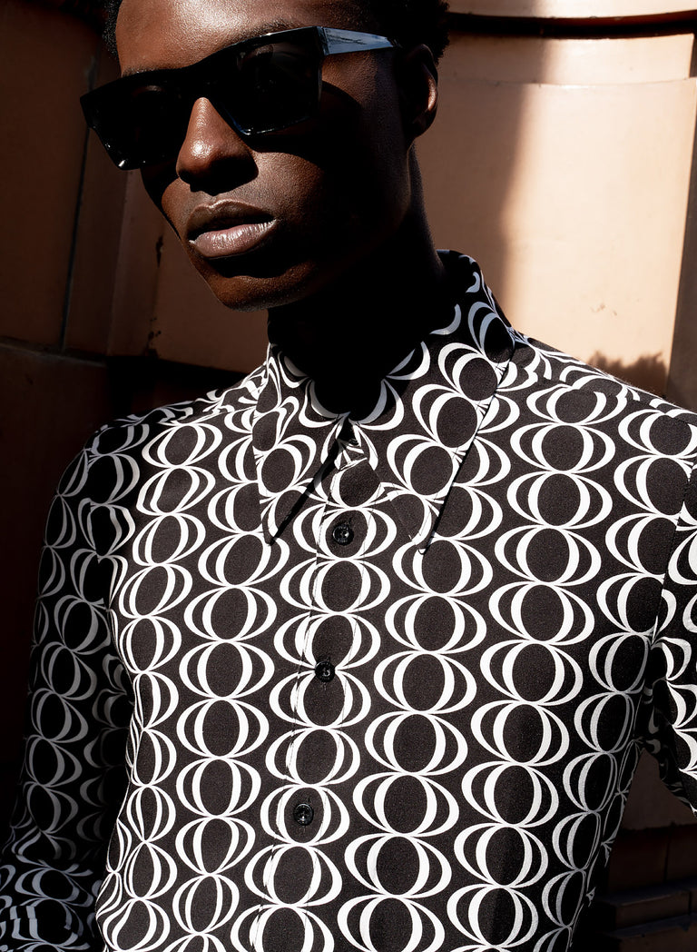 Black 60's Geometric Oversize Collar Viscose Shirt