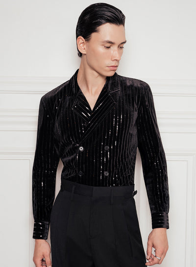 Black Velvet Sequin Pinstripe Double Breasted Shirt