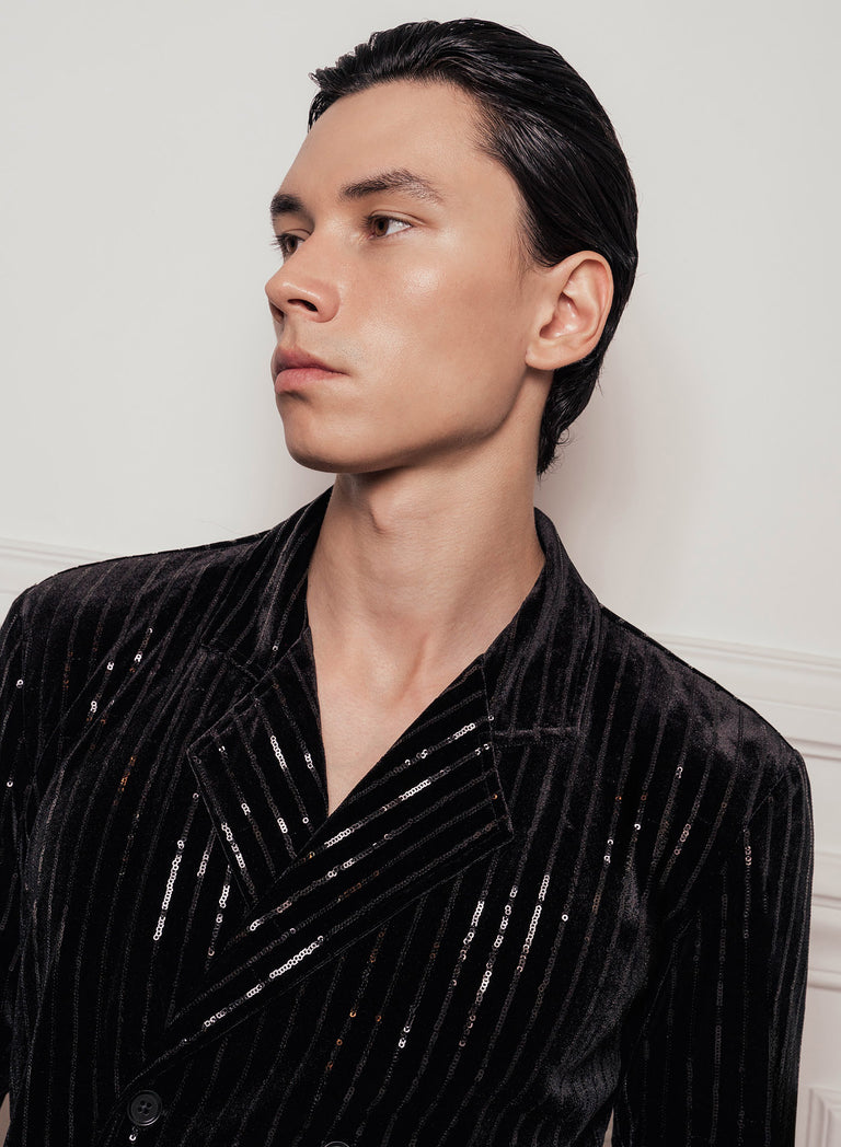 Black Velvet Sequin Pinstripe Double Breasted Shirt