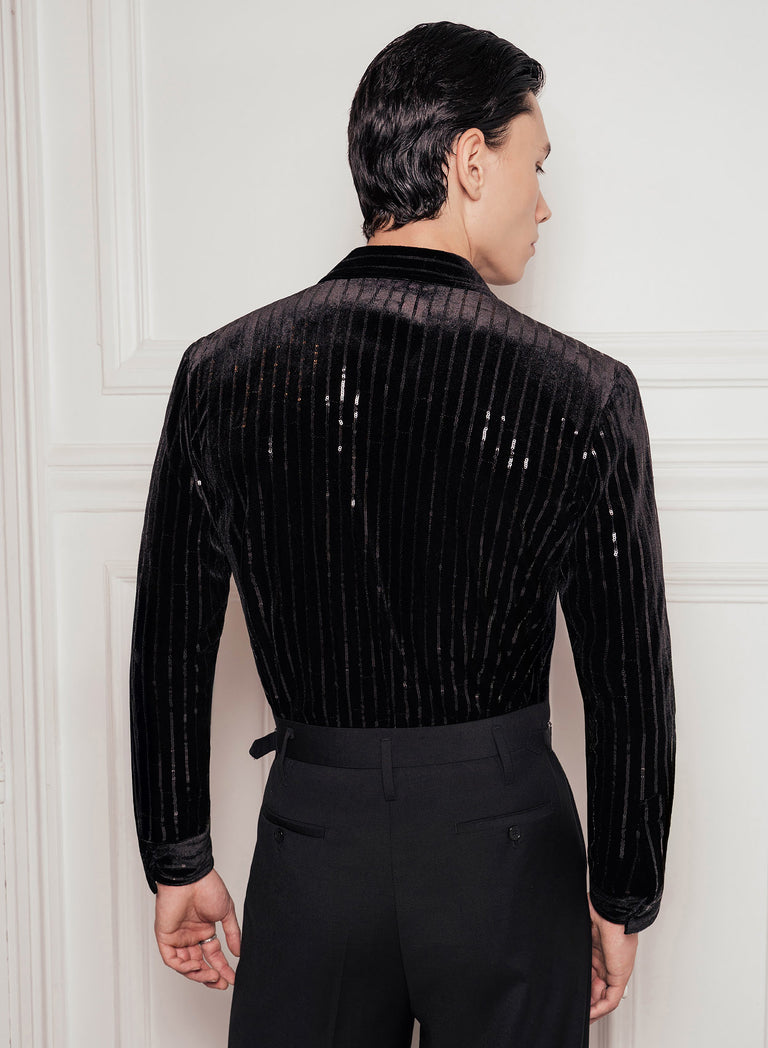 Black Velvet Sequin Pinstripe Double Breasted Shirt