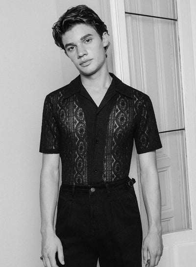 Short Sleeve Western Black Lace Embroidery Shirt