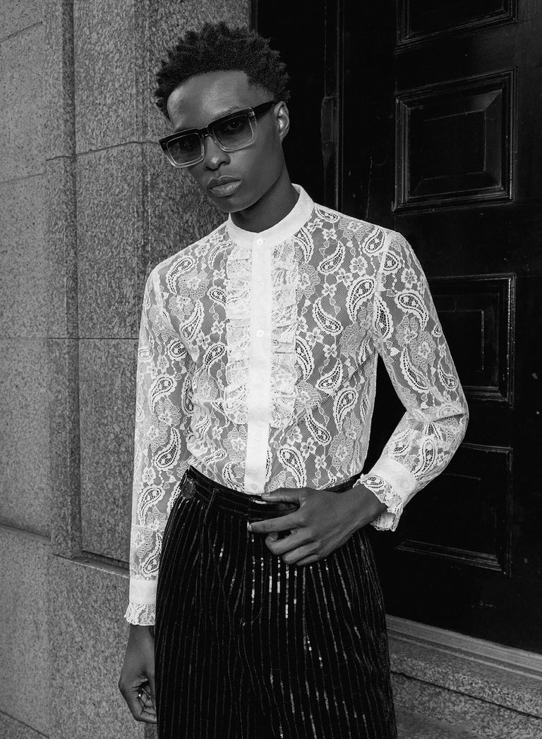 White Lace Paisley Ruffle Shirt