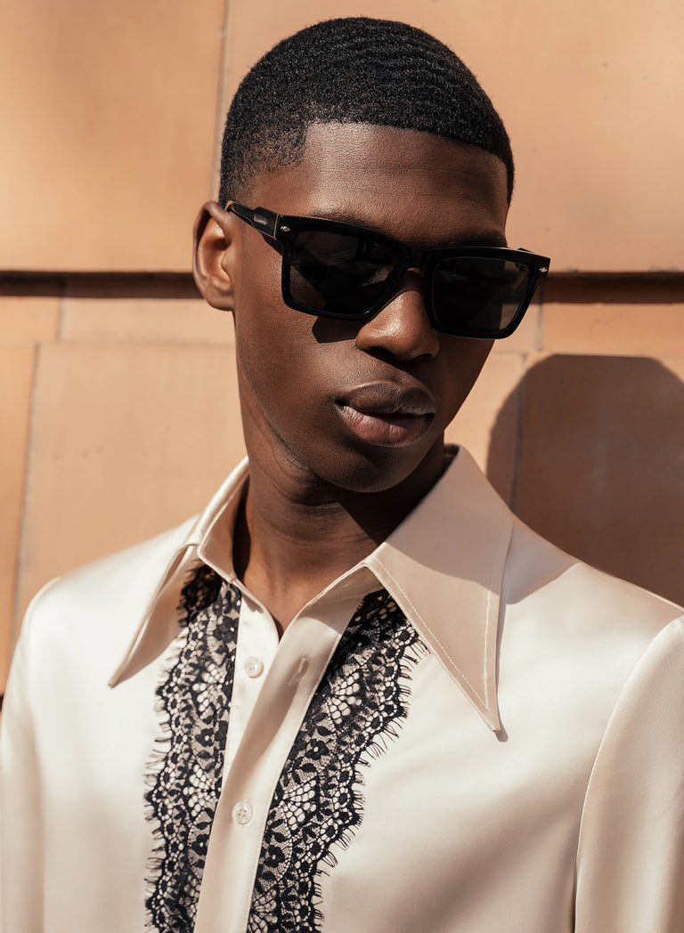 Pearl Satin Black Lace Lapel Shirt