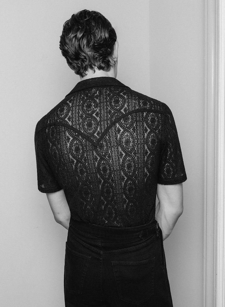 Short Sleeve Western Black Lace Embroidery Shirt