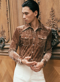 Brown Velvet 70s Western Dagger Collar Shirt