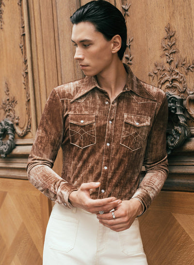 Brown Velvet 70s Western Dagger Collar Shirt
