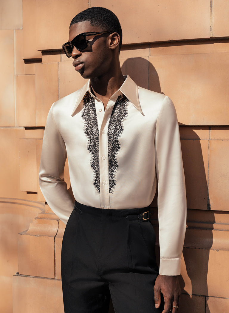 Pearl Satin Black Lace Lapel Shirt