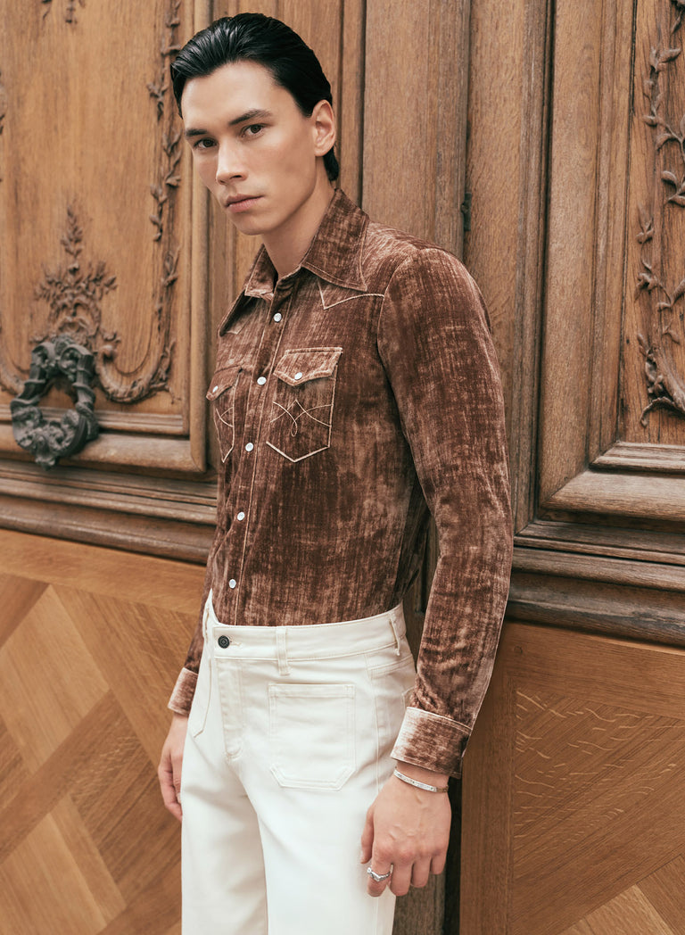 Brown Velvet 70s Western Dagger Collar Shirt