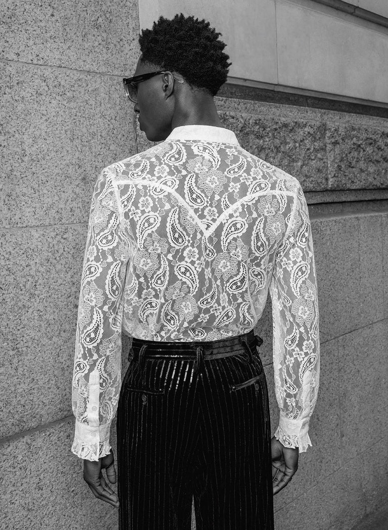 White Lace Paisley Ruffle Shirt