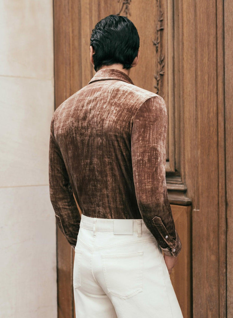 Brown Velvet 70s Western Dagger Collar Shirt