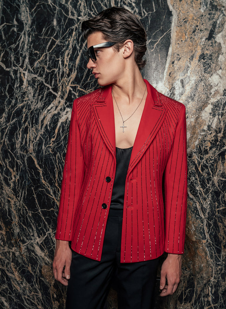 Red Embellished Rhinestone Sequin Blazer