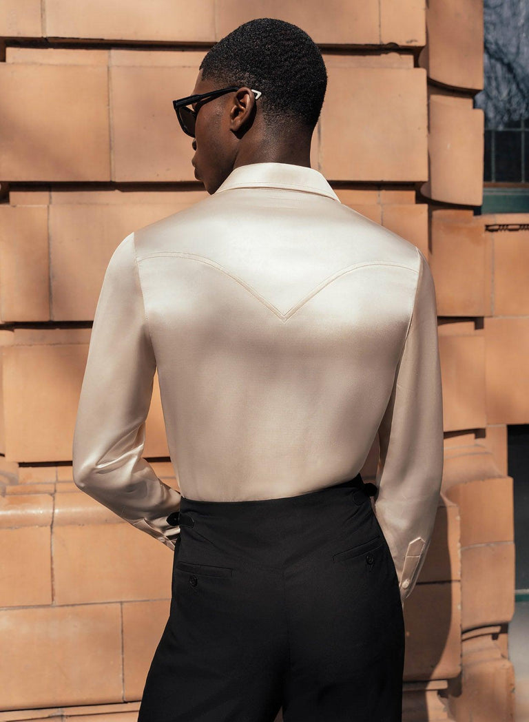 Pearl Satin Black Lace Lapel Shirt