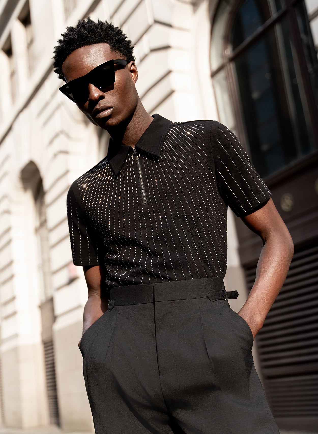 Black Sequin Embellished Cotton Polo Shirt Phix Black Sequin Embellished Cotton Polo Shirt Phix